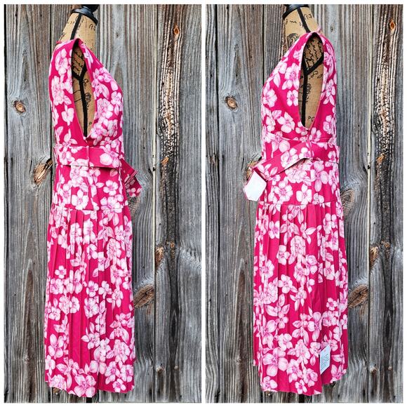 Pink Floral Dress ASOS Size 12 Plunge VNeck Belted Pleats Sleeveless Stretch - Picture 2 of 11